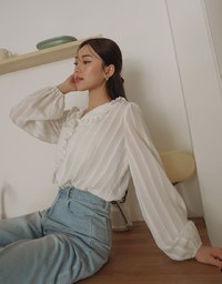 Collared Sheer Striped Ruffle Blouse