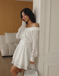 Elegant Off Shoulder Striped Top With Ruffle Trim Mini Skirt