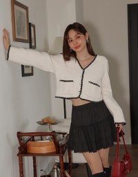 Cardigan Top Jacket with Contrast Color Trim in French Style