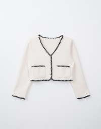 Cardigan Top Jacket with Contrast Color Trim in French Style