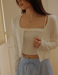 Long Sleeve Open Front Ruffle Strim Cardigans With Cami Top Set Wear