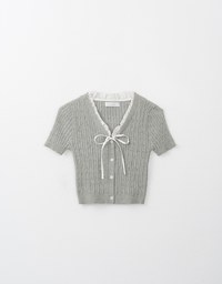 Lace Trim Knit Top With Ribbon Bow