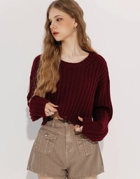 Distressed Crew Neck Knit Cropped Sweater