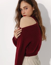 Cut Out Shoulder Halter Neck Long Sleeve Knit Top