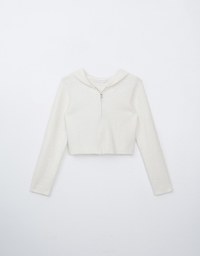 Lettering Fluffy Knit Hooded Crop Zip Cardigan