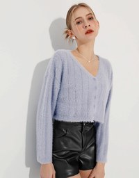 Long Sleeve Fluffy Mohair Ribbed Cropped Top