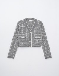 Classic Tweed Knit Cardigan With Button Closure