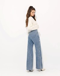 Vintage Fringe Distressed Jeans Denim High Waisted Wide Pants Culottes