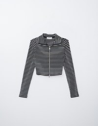 Collared Striped Double Zipper Long Sleeve Top