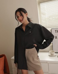 Basic Long Sleeve Button Up Straight Blouse With Air Space Logo Embroidered