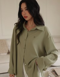 Basic Long Sleeve Button Up Straight Blouse With AIR SPACE Logo Embroidered