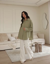 Basic Long Sleeve Button Up Straight Blouse With AIR SPACE Logo Embroidered