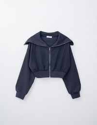 Soft Knit Sailor Collar Zipper Cropped Jacket