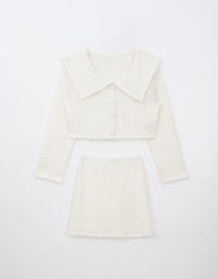 Fluffy Sailor Collar Button Up Knit Top With Plain Fluffy Mini Skirt Set Wear