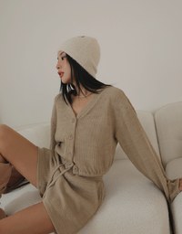 Regular Fitted V Neck Ribbed Long Sleeve Knit Top And Shorts Set Wear