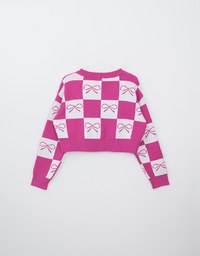 Bow Checkered Knit Cardigan