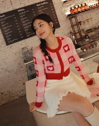 Heart Shape Checkered Button Front Knit Top