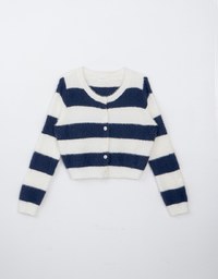 Fluffy Crew Neck Button Up Striped Knitted Top