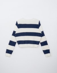 Fluffy Crew Neck Button Up Striped Knitted Top