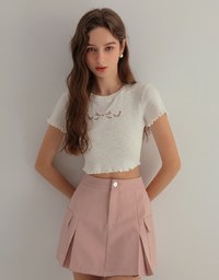 Sheer Lace Bow Embellished Ruffle Hem Cropped Top