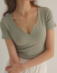 V Neck Side Ruched Ribbed Short Sleeve Top