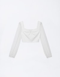 Sweetheart Neckline Sheer Latern Sleeve Patchwork Top