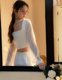 Sweetheart Neckline Sheer Latern Sleeve Patchwork Top