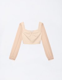 Sweetheart Neckline Sheer Latern Sleeve Patchwork Top