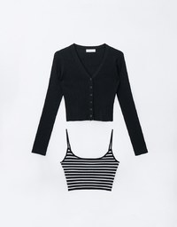 Buttoned Ribbed Cardigan with Striped Cami Top Set Wear