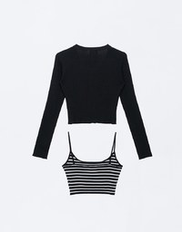 Buttoned Ribbed Cardigan with Striped Cami Top Set Wear