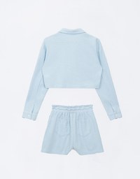 Casual Button Up Textured Cropped Blouse and Elastic Shorts Set Wear