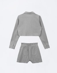 Casual Button Up Textured Cropped Blouse and Elastic Shorts Set Wear