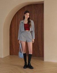 Casual Button Up Textured Cropped Blouse and Elastic Shorts Set Wear