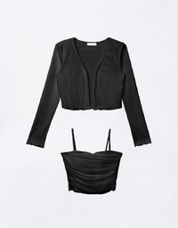 Ruffled Open Front Cardigan and Ruched Cami Padded Top Set Wear