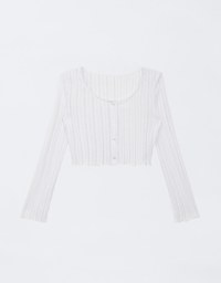 Knit Round Neckline Sheer Ruffle Hem Button Cardigan