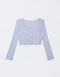 Knit Round Neckline Sheer Ruffle Hem Button Cardigan