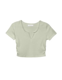 V Neck Side Ruched Ribbed Short Sleeve Top