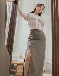 Padded Side Hips Suit Fabric Midi Skirt with Slit Perfect Body Curves