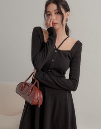 Heart Shape Button Halter Neck Front Hollow Out Mini Dress