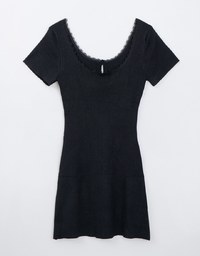 Solid Color Lace Trim Knit Mini Dress