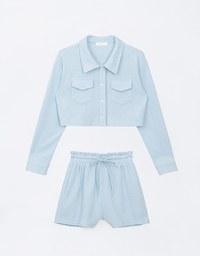 Casual Button Up Textured Cropped Blouse and Elastic Shorts Set Wear