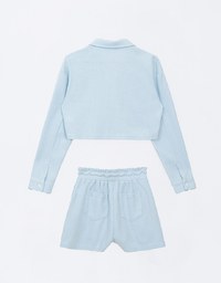 Casual Button Up Textured Cropped Blouse and Elastic Shorts Set Wear