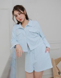 Casual Button Up Textured Cropped Blouse and Elastic Shorts Set Wear