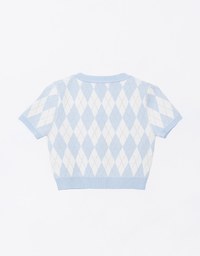 V Neck Argyle Printed Cropped Knit Top