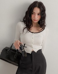 Color Block Press Button Round Neck Top