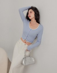 Color Block Press Button Round Neck Top