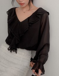 Long Sleeve V Neck Ruffled Sleeve Blouse