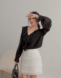 Long Sleeve V Neck Ruffled Sleeve Blouse