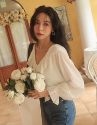 Long Sleeve V Neck Ruffled Sleeve Blouse