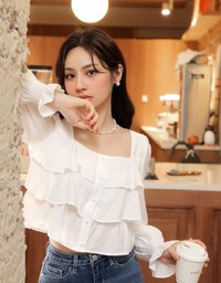 Square Neck Layered Ruffle Puff Long Sleeve Top